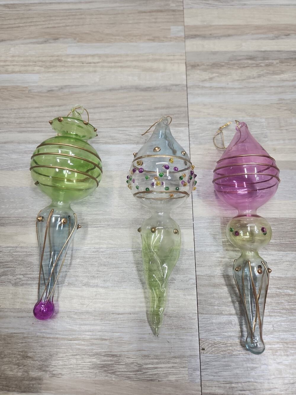 Vintage Set of 3 Iridescent Pastel Finial Hand Blown Glass Christmas Ornaments